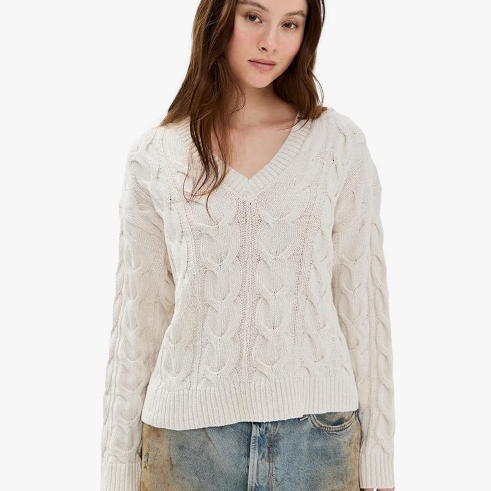 Free People Washed Cable V Neck Knit V-Neck Sweater - Cream size xs